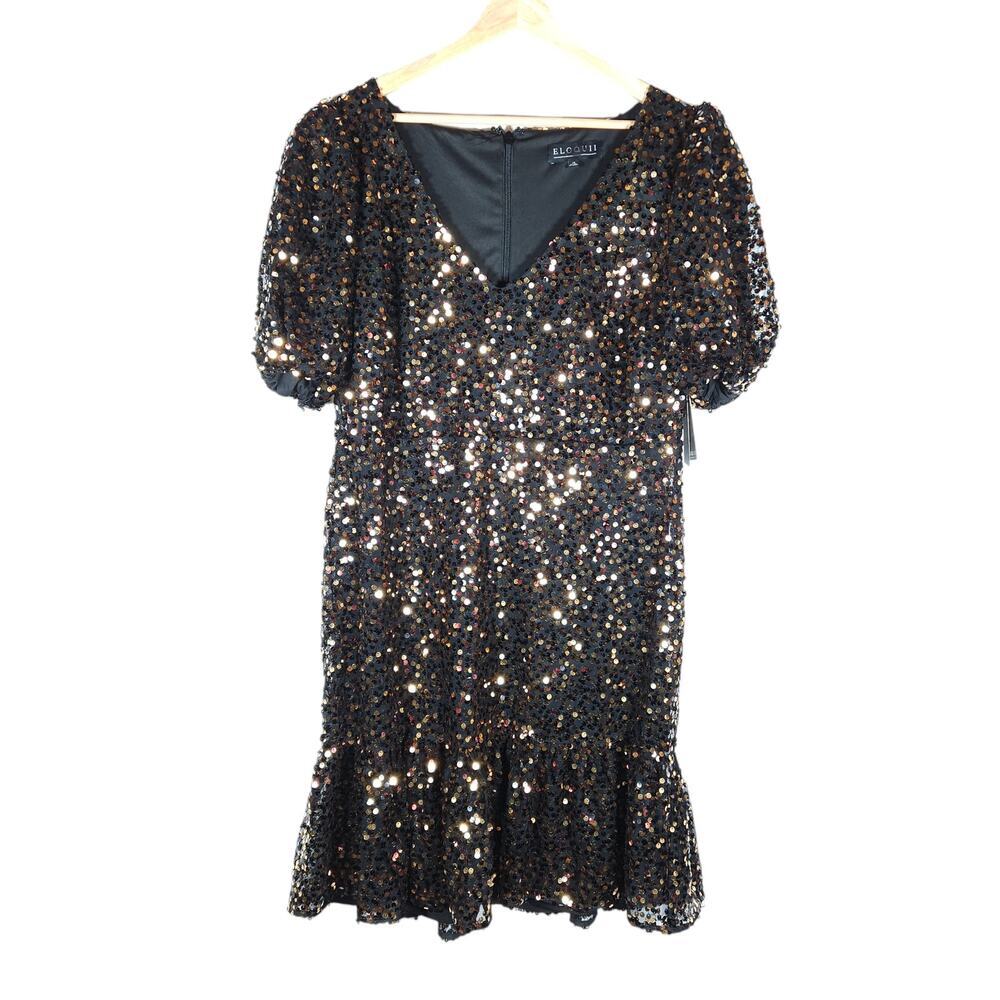 Eloquii Womens Sequin Puff Sleeve Dress 14 Black Gold Party Cocktail Eve Glam